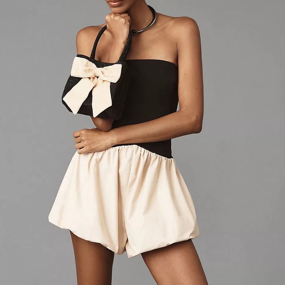 Elegant Black and Cream Strapless Bubble Romper MAEVE